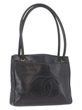 CHANEL Tote Bag Leather Black Gold CC Auth BA10944
